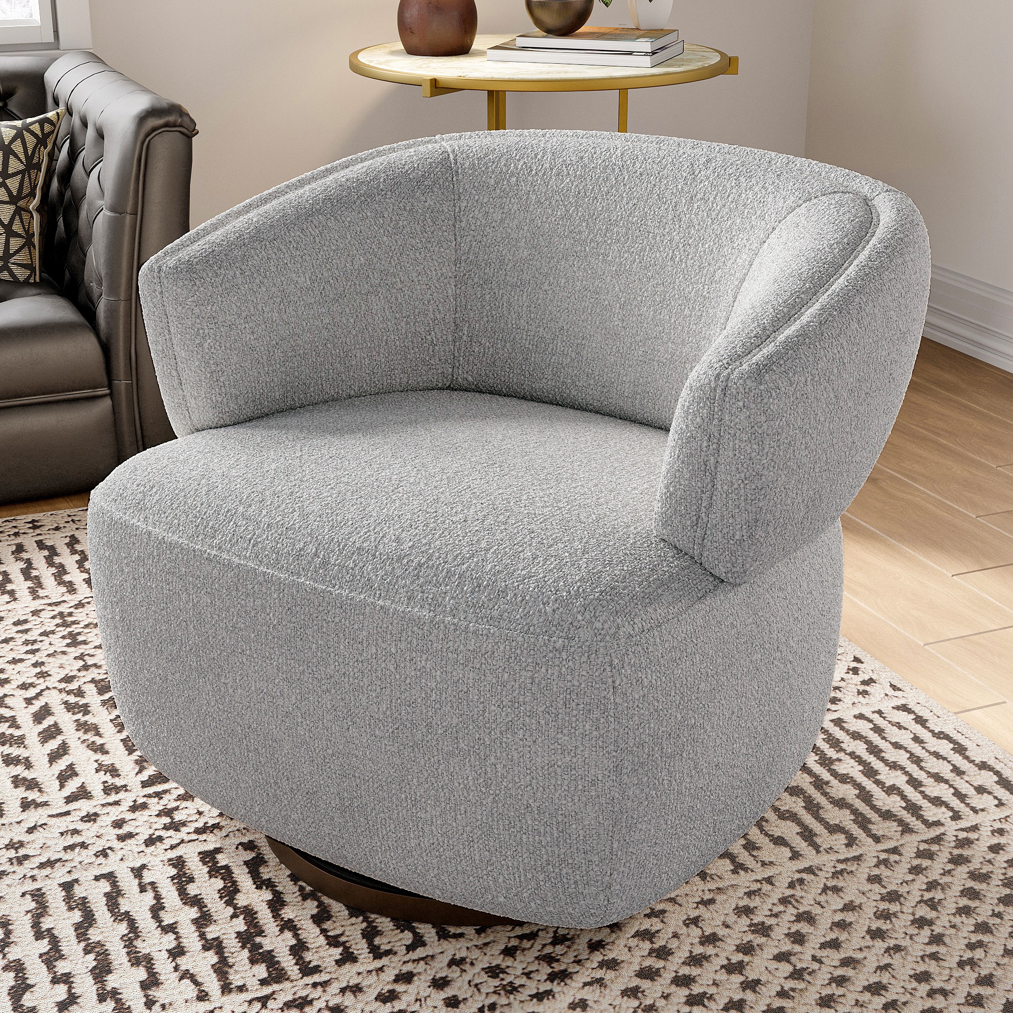 Modern Round Swivel Armchair With Solid Wood Frame In Grey_voghion.com